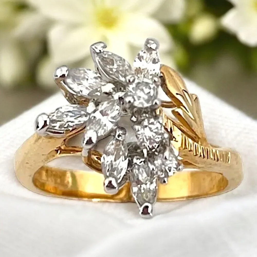 Vintage 1970s Ring Size 5 CZ Floral Spray 14KT Gold Plate - 14Q